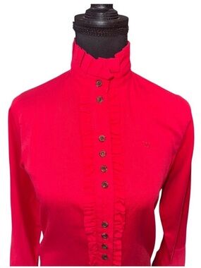 Ruffled High-Neck Button-Down Blouse - Red